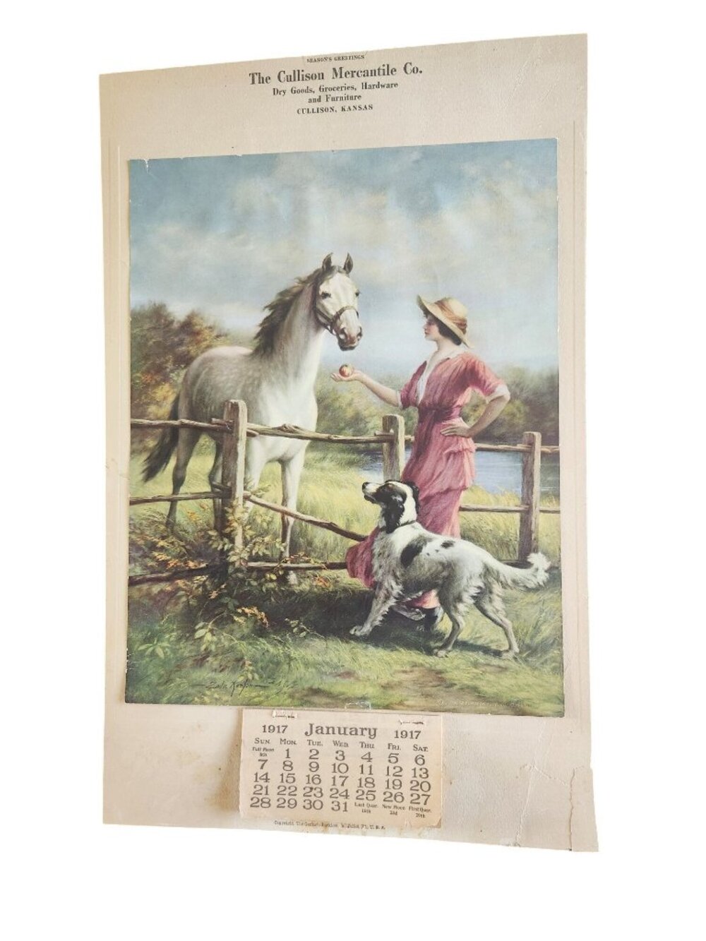 Original 1917 Advertising Calendar for General Store Lady and her horse and Sett